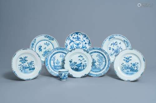 EIGHT CHINESE BLUE AND WHITE PLATES AND A CUP WITH FLORAL DE...