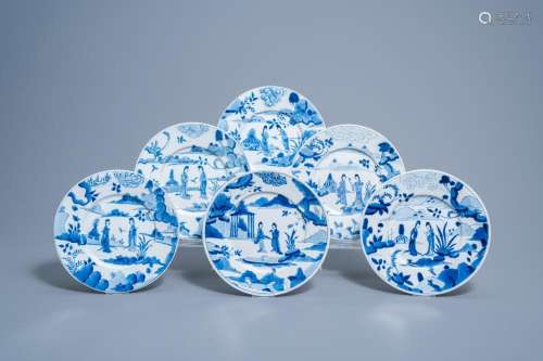 SIX CHINESE BLUE AND WHITE PLATES WITH FIGURES IN A LANDSCAP...