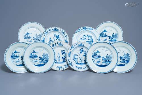 TEN CHINESE BLUE AND WHITE PLATES WITH FLORAL DESIGN AND ANI...