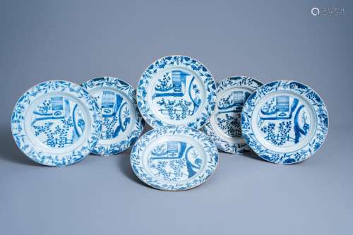 SIX CHINESE BLUE AND WHITE PLATES WITH FLORAL DESIGN, YONGZH...