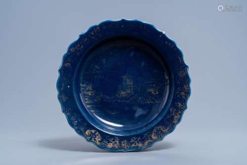 A CHINESE POWDER BLUE AND GILT LOTUS-SHAPED 'LANDSCAPE&#...