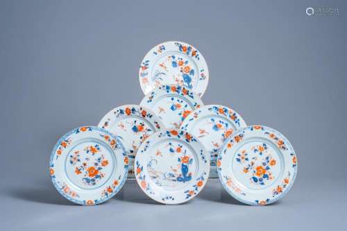 SEVEN CHINESE IMARI STYLE PLATES WITH DUCKS IN A RIVER LANDS...
