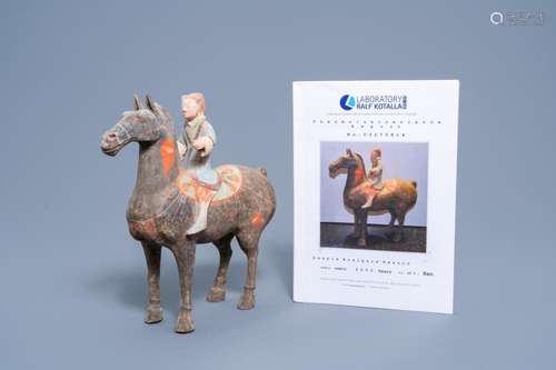 A CHINESE POLYCHROME PAINTED POTTERY EQUESTRIAN FIGURE, HAN