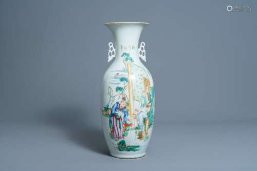 A CHINESE QIANJING CAI VASE WITH FIGURES AND GEESE IN A GARD...