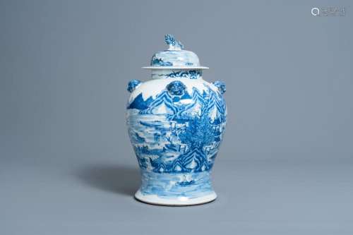 A CHINESE BLUE AND WHITE VASE AND COVER WITH AN ANIMATED RIV...