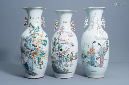 THREE VARIOUS CHINESE FAMILLE ROSE VASES WITH FIGURES IN A L...