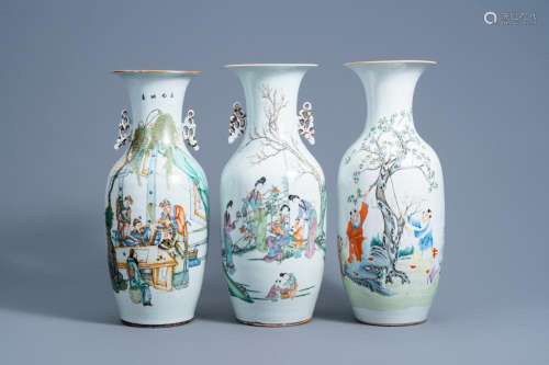 THREE VARIOUS CHINESE FAMILLE ROSE AND QIANJIANG CAI VASES, ...