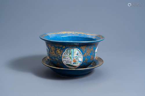 A CHINESE FAMILLE VERTE BLUE GROUND JARDINIÈRE ON STAND WITH...