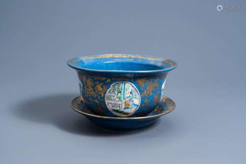 A CHINESE FAMILLE VERTE BLUE GROUND JARDINIÈRE ON STAND WITH...