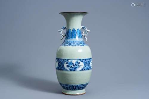 A CHINESE BLUE AND WHITE CELADON GROUND VASE WITH FLORAL DES...
