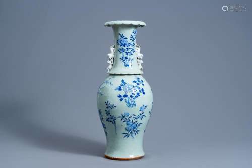 A CHINESE BLUE AND WHITE CELADON GROUND VASE WITH FLORAL DES...