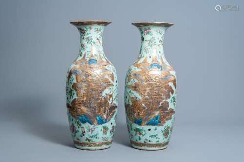 A PAIR OF CHINESE CANTON FAMILLE ROSE CELADON GROUND VASES W...