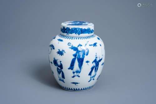 A CHINESE BLUE AND WHITE JAR AND COVER WITH FIGURES AT LEISU...