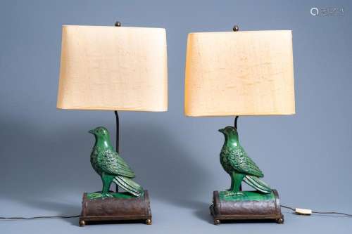 A PAIR OF CHINESE BIRD-SHAPED ROOF TILES MOUNTED AS LAMPS, 1...