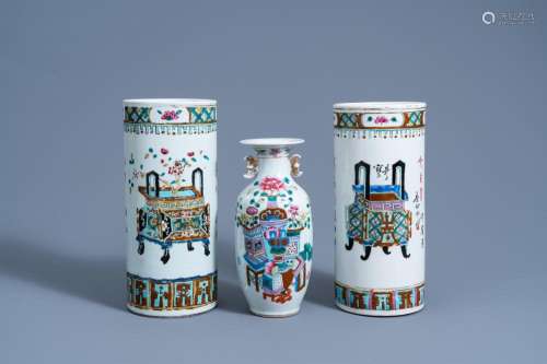 TWO CHINESE FAMILLE ROSE HAT STANDS AND AN 'ANTIQUITIES&...