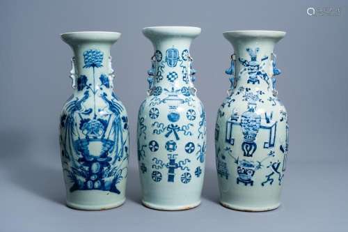 THREE CHINESE BLUE AND WHITE CELADON GROUND VASES WITH ANTIQ...