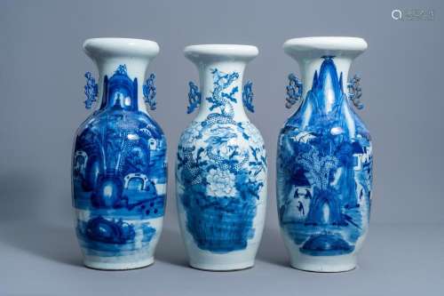 THREE CHINESE BLUE AND WHITE CELADON GROUND VASES WITH A DRA...
