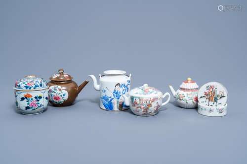 FOUR VARIOUS CHINESE FAMILLE ROSE TEAPOTS AND COVERS, A BOWL...