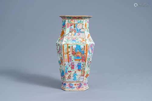 A HEXAGONAL CHINESE CANTON FAMILLE ROSE VASE WITH PALACE SCE...