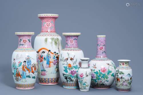SIX VARIOUS CHINESE FAMILLE ROSE VASES, 20TH C.