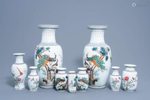 NINE CHINESE FAMILLE ROSE VASES WITH BIRDS AMONG BLOSSOMING ...