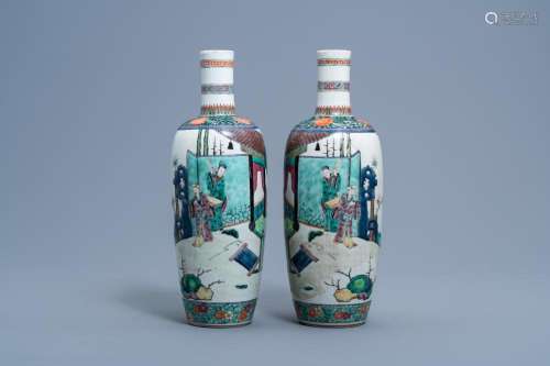 A PAIR OF CHINESE BOTTLE SHAPED FAMILLE VERTE VASES WITH FIG...