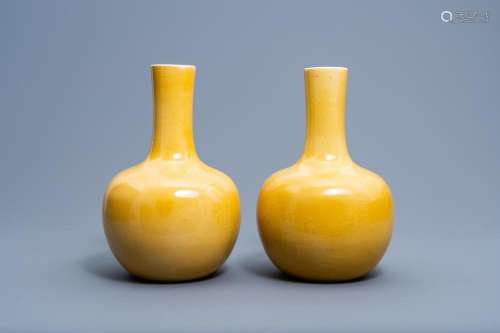 A PAIR OF CHINESE MONOCHROME YELLOW TIANQU PING VASES, 20TH ...