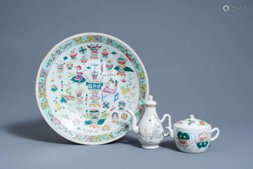 A CHINESE FAMILLE ROSE 'ANTIQUITIES' CHARGER AND TWO...