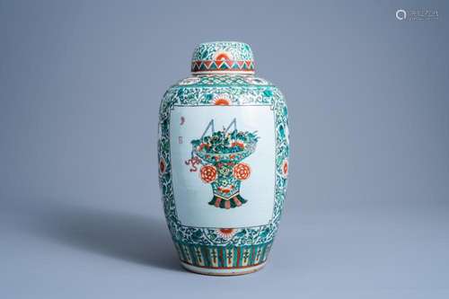 A LARGE CHINESE FAMILLE VERTE JAR AND COVER WITH FLOWER BASK...