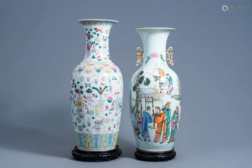 TWO CHINESE FAMILLE ROSE VASES WITH ANTIQUITIES AND FIGURES ...