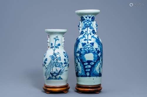 TWO CHINESE BLUE AND WHITE CELADON GROUND VASES WITH PHOENIX...