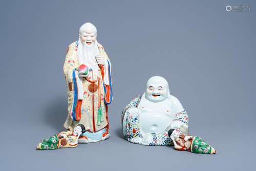 FOUR VARIOUS CHINESE FAMILLE ROSE FIGURES OF SHOU LAO, A BUD...