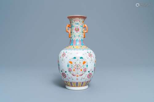 A CHINESE FAMILLE ROSE VASE WITH FLORAL DESIGN, QIANLONG MAR...