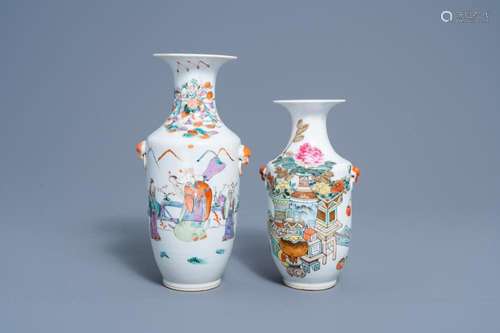 TWO CHINESE FAMILLE ROSE AND QIANJIANG CAI VASES WITH ANTIQU...