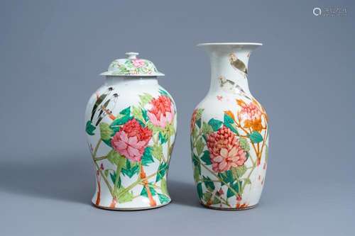 A CHINESE QIANJIANG CAI VASE AND A VASE AND COVER WITH BIRDS...