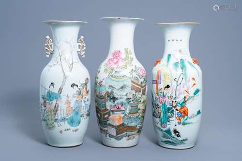 THREE VARIOUS CHINESE FAMILLE ROSE AND QIANJIANG CAI VASES, ...