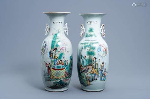 TWO CHINESE FAMILLE ROSE AND QIANJIANG CAI VASES WITH FIGURE...