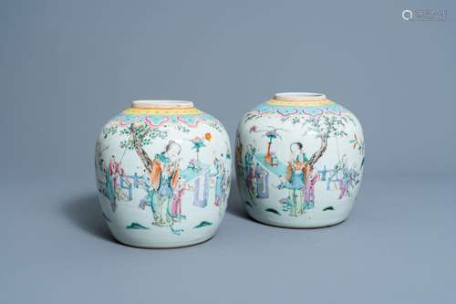 TWO CHINESE FAMILLE ROSE JARS WITH PLAYING FIGURES IN A GARD...