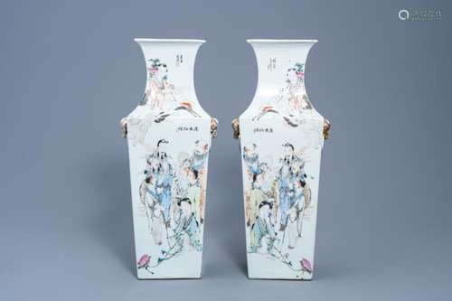 A PAIR OF CHINESE SQUARE QIANJIANG CAI VASES WITH LANDSCAPES...