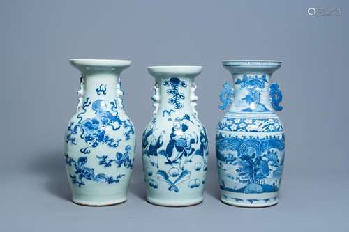 TWO CHINESE BLUE AND WHITE CELADON GROUND VASES AND A BLUE A...