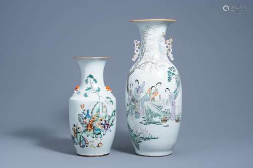 TWO CHINESE FAMILLE ROSE AND QIANJIANG CAI VASES WITH LADIES...