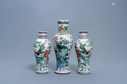 THREE CHINESE FAMILLE VERTE VASES WITH BIRDS AMONG BLOSSOMIN...