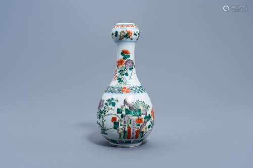 A CHINESE FAMILLE VERTE GARLIC-HEAD MOUTH VASE WITH A BIRD A...