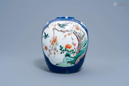 A CHINESE FAMILLE VERTE POWDER BLUE GROND JAR WITH BIRDS AMO...