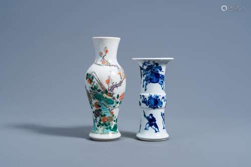 A CHINESE FAMILLE VERTE VASE AND A BLUE AND WHITE 'GU...