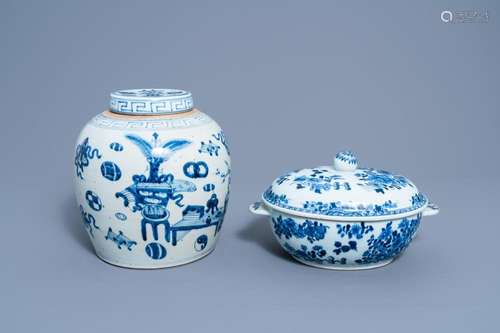 A CHINESE BLUE AND WHITE 'ANTIQUITIES' JAR AND COVER...