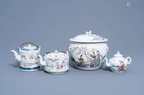 THREE CHINESE TEAPOTS AND COVERS AND A BOWL AND COVER IN FAM...