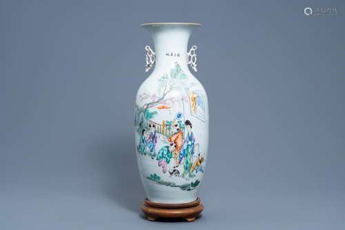 A CHINESE FAMILLE ROSE VASE WITH A LADY, PLAYING CHILDREN AN...