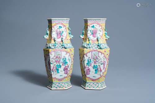 A PAIR OF HEXAGONAL CHINESE FAMILLE ROSE VASES WITH FIGURES ...