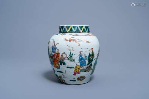 A CHINESE FAMILLE ROSE JAR AND COVER WITH FIGURES IN A LANDS...